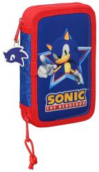 Piórnik Sonic The Hedgehog z Wyposażeniem Dwukomorowy 2 Komory Pisaki Kredki 28 el.